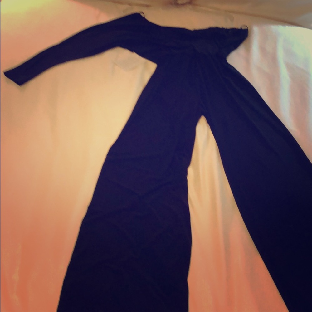 NWT black one-shoulder wide leg jumpsuit.